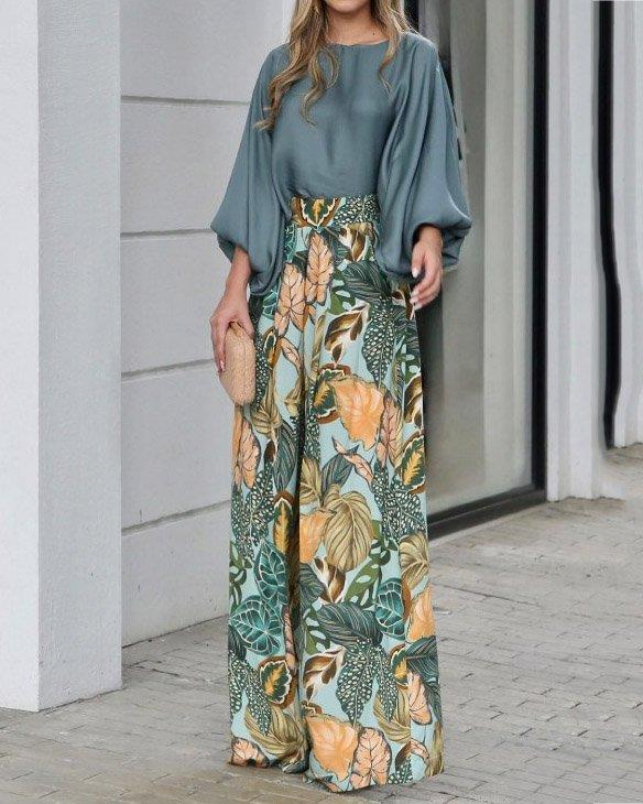Damen Zweiteiler-Set aus Bluse mit Ballonärmeln und High-Waist Palazzo-Hose Drune