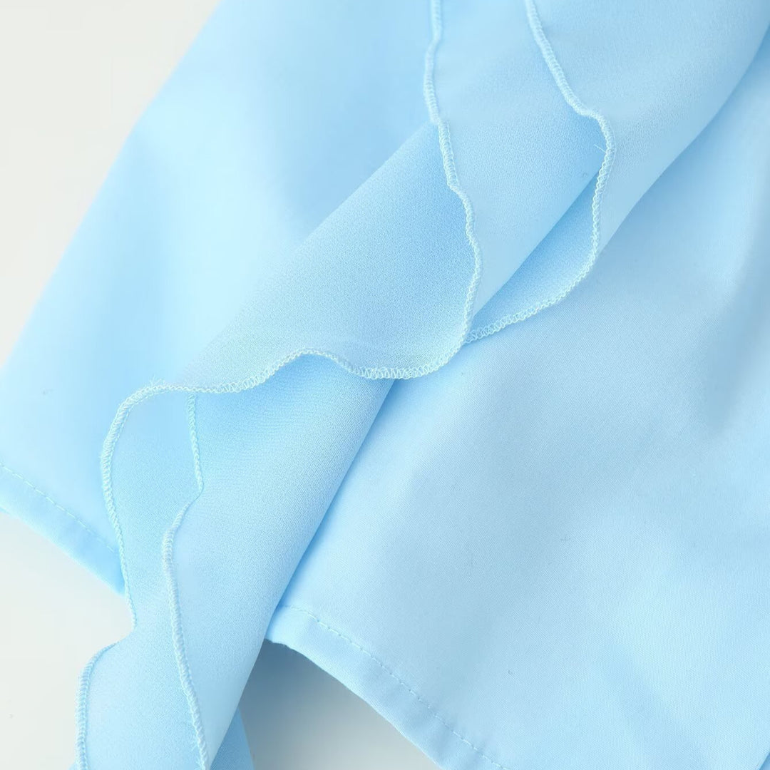 Damen Rüschenbluse mit Stehkragen, Volantdetails und Taillengürtel Drune
