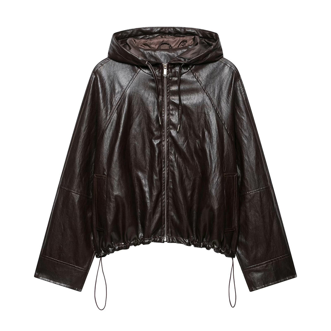Damen kurze Kapuzen‑Lederoptikjacke mit Tunnelzug Raglanärmeln und Reißverschluss Drune