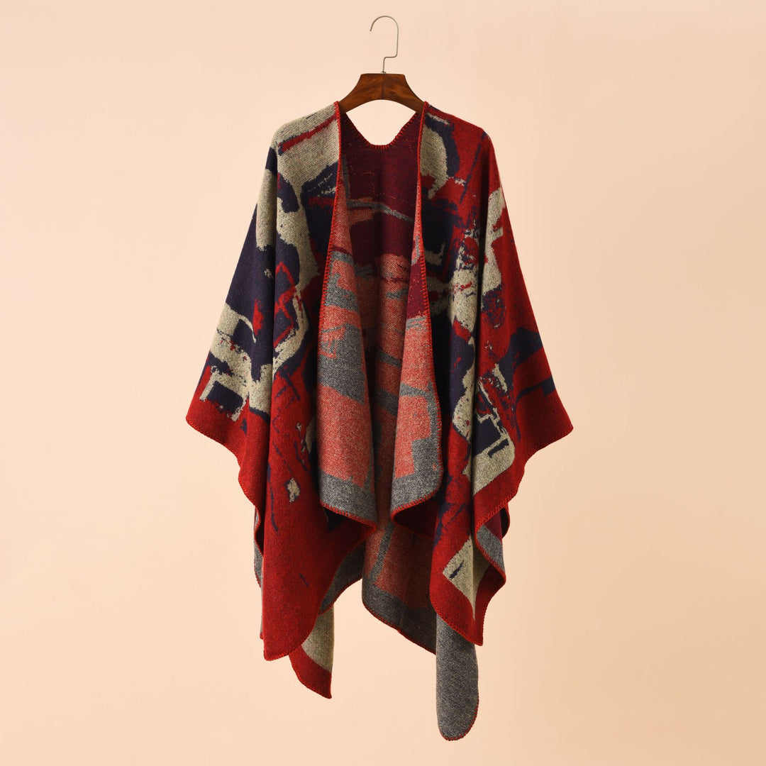 Damen Oversize-Umhangruana aus Wollmix mit abstraktem Jacquard und Zierstichkante Drune