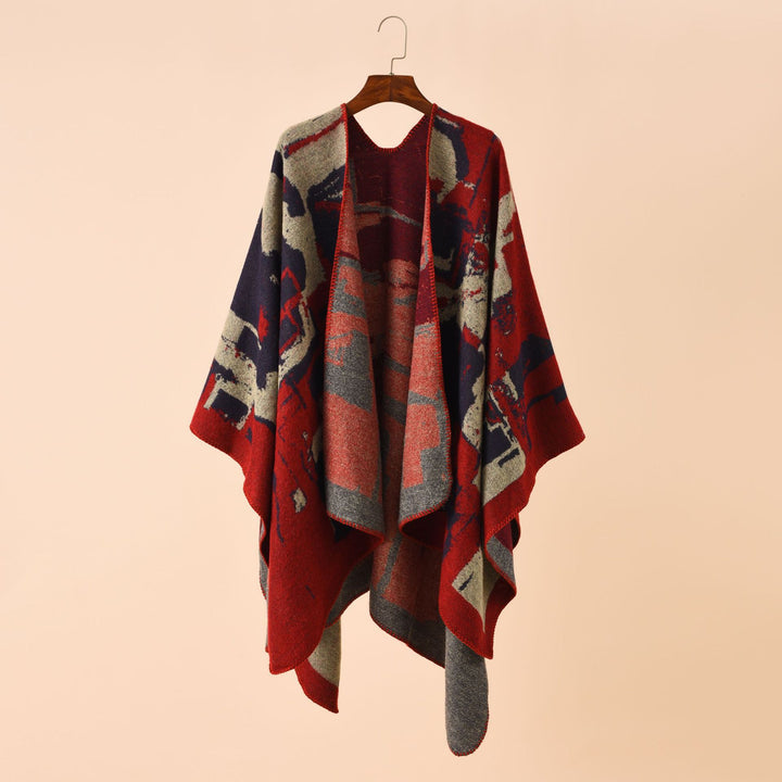 Damen Oversize-Umhangruana aus Wollmix mit abstraktem Jacquard und Zierstichkante Drune