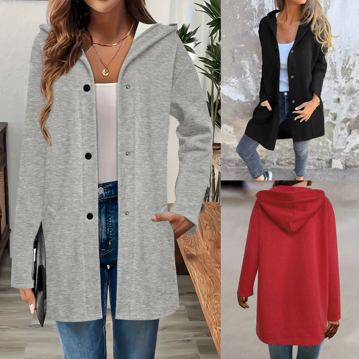 Damen Langer Kapuzenmantel aus weichem Sweat mit Druckknopfverschluss und seitlichen Eingrifftaschen Drune