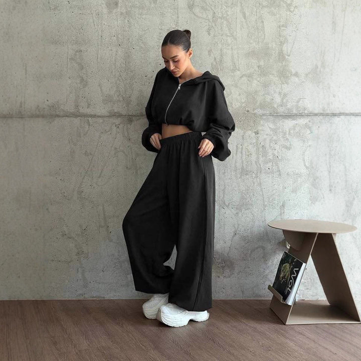Damen cropped Kapuzen-Zipjacke mit Ballonärmeln und hochgeschnittener weiter Sweatpants-Set Drune