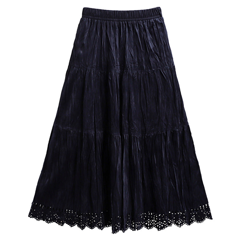 Damen nan gestufter Maxirock mit Crinkle‑Textur, elastischem Komfortbund, zarter Lochspitzen‑Saumkante und geflochtenem Taillengürtel Drune