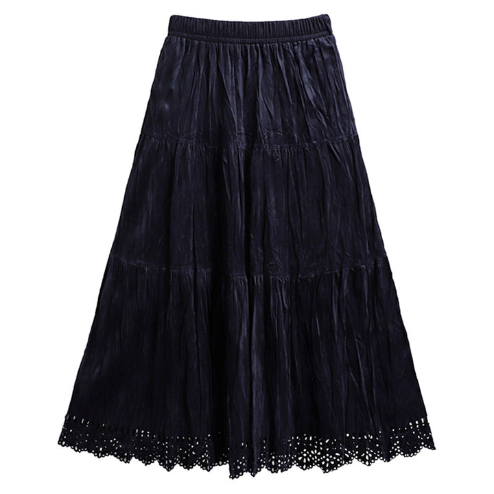 Damen nan gestufter Maxirock mit Crinkle‑Textur, elastischem Komfortbund, zarter Lochspitzen‑Saumkante und geflochtenem Taillengürtel Drune