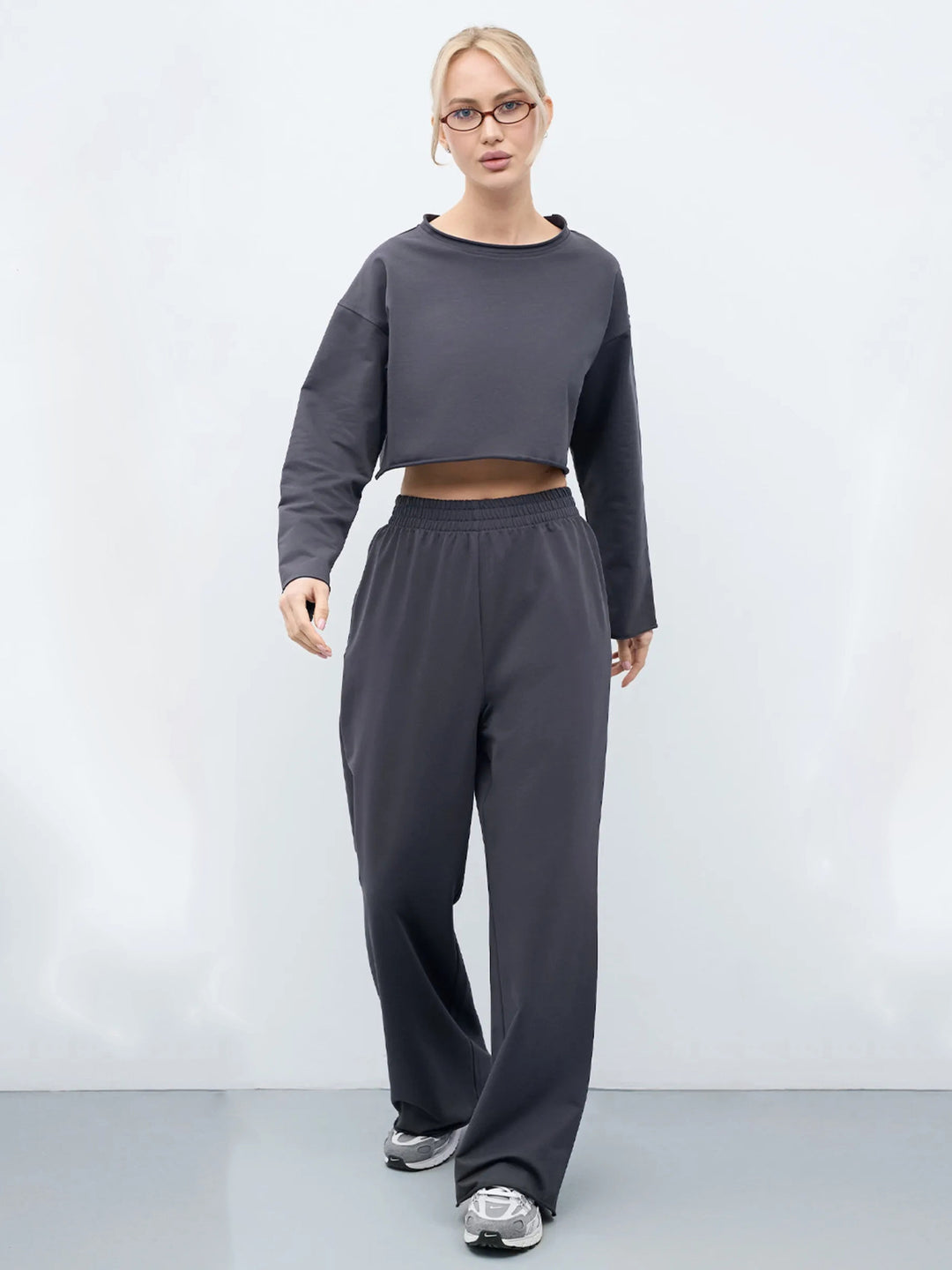 Damen Kurzgeschnittenes Sweatshirt und High-Waist Relax-Jogginghose Set Drune