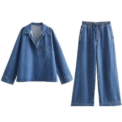 Damen 200+ Oversize Denim‑Hemdbluse mit V‑Ausschnitt und Brusttasche Drune