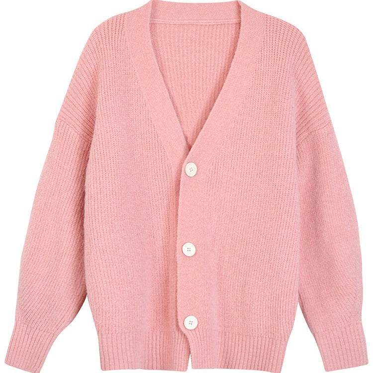 Damen lässige Strickjacke mit V-Ausschnitt und großen Knöpfen Drune