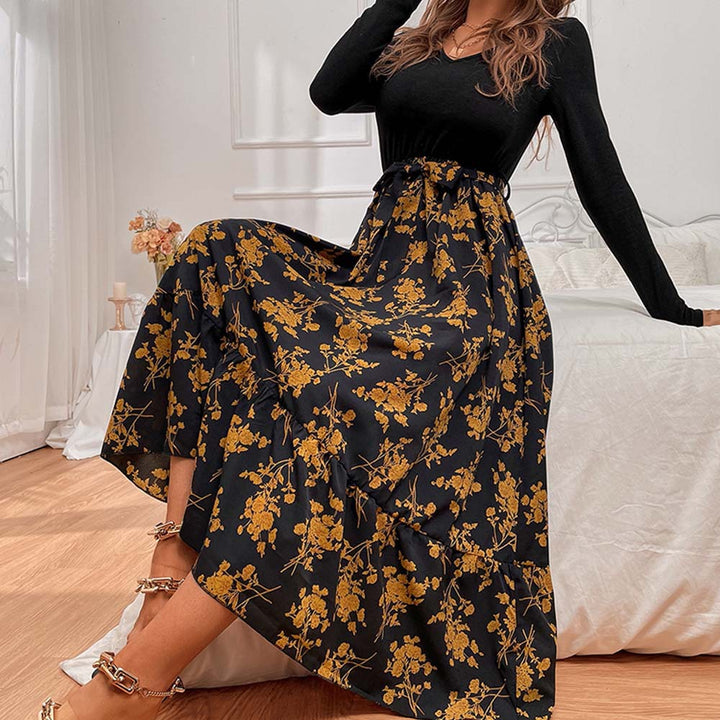 Damen figurbetontes V-Neck-Longsleeve Oberteil mit voluminösem Midi-Rock im floralem Wickelstil Drune