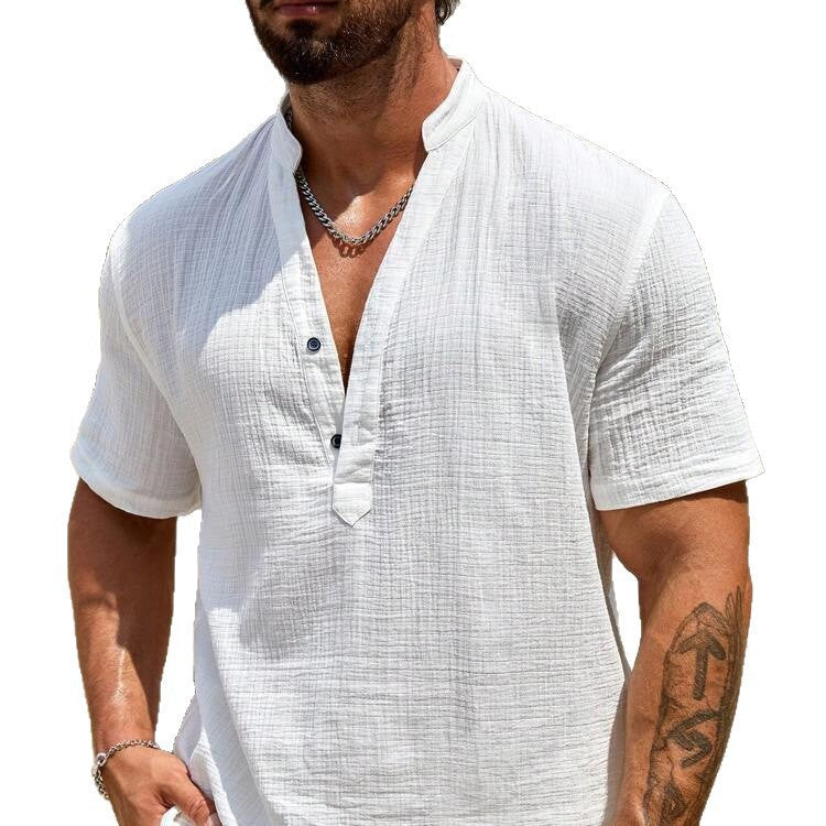 Herren Kurzarm Henley Hemd mit modernem Stehkragen aus leichtem Baumwollmaterial Drune
