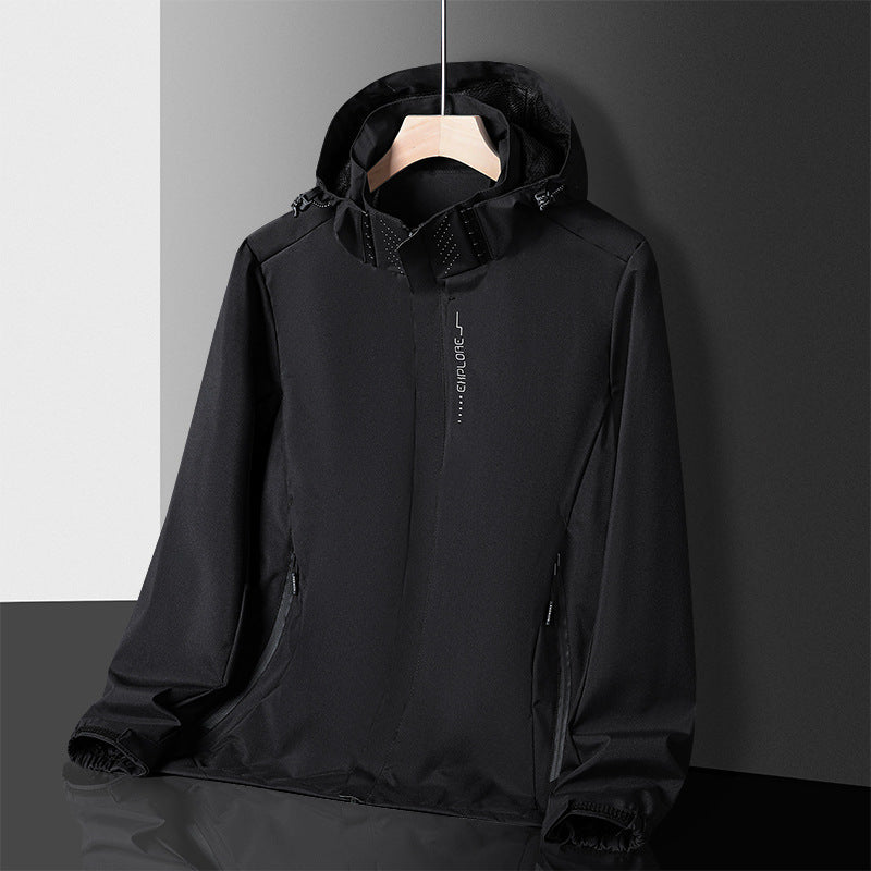 Herren leichter wasserdichter Softshell‑Hoodie mit Kapuze und Tarn‑Hex‑Alloverprint Drune