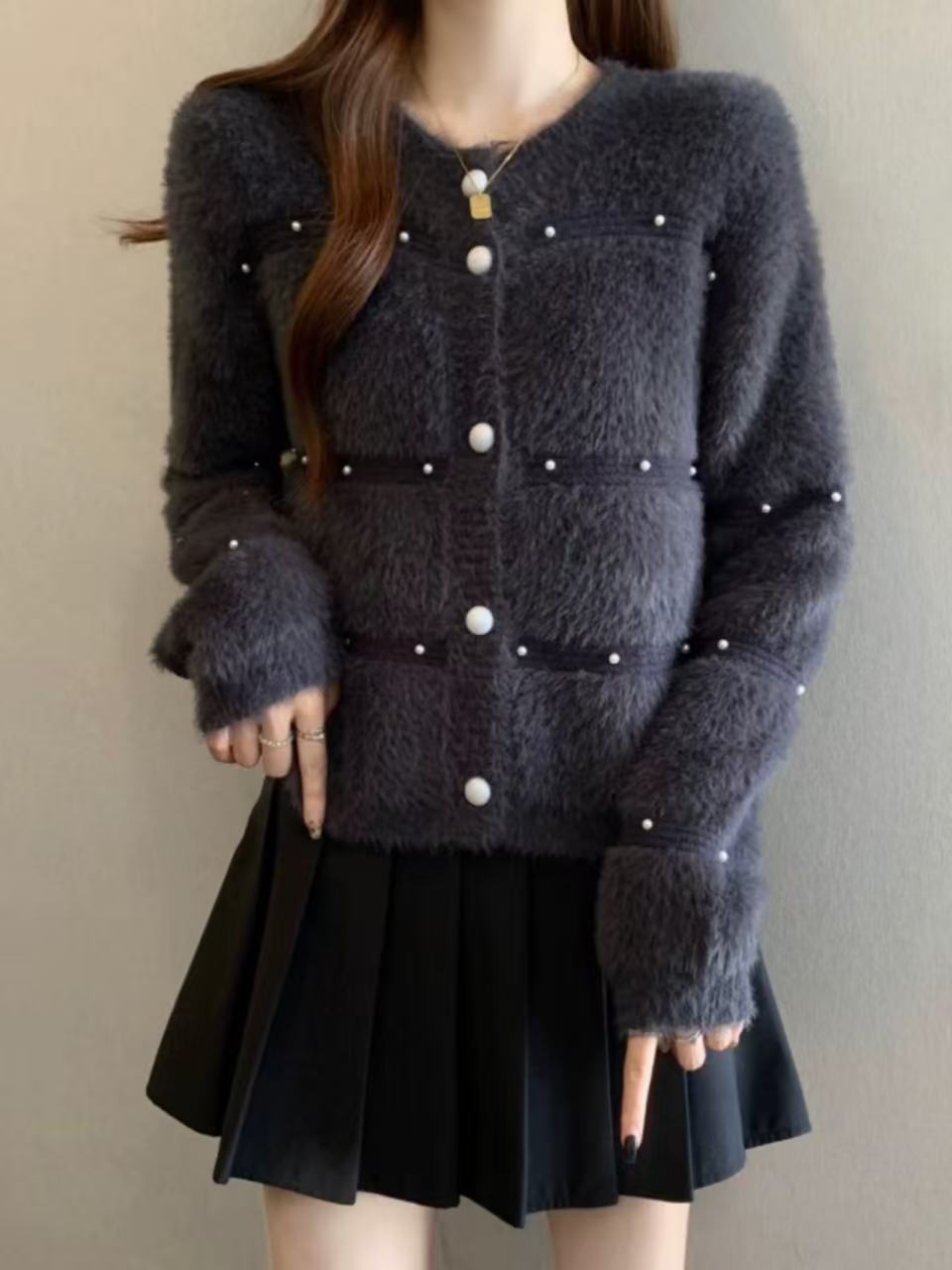 Damen Gemütlicher Strickcardigan mit Perl-Details Drune