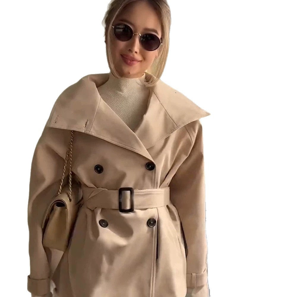 Damen Kurzer Boxy-Trenchcoat mit hohem Stehkragen, doppelreihiger Front & Taillengürtel Drune