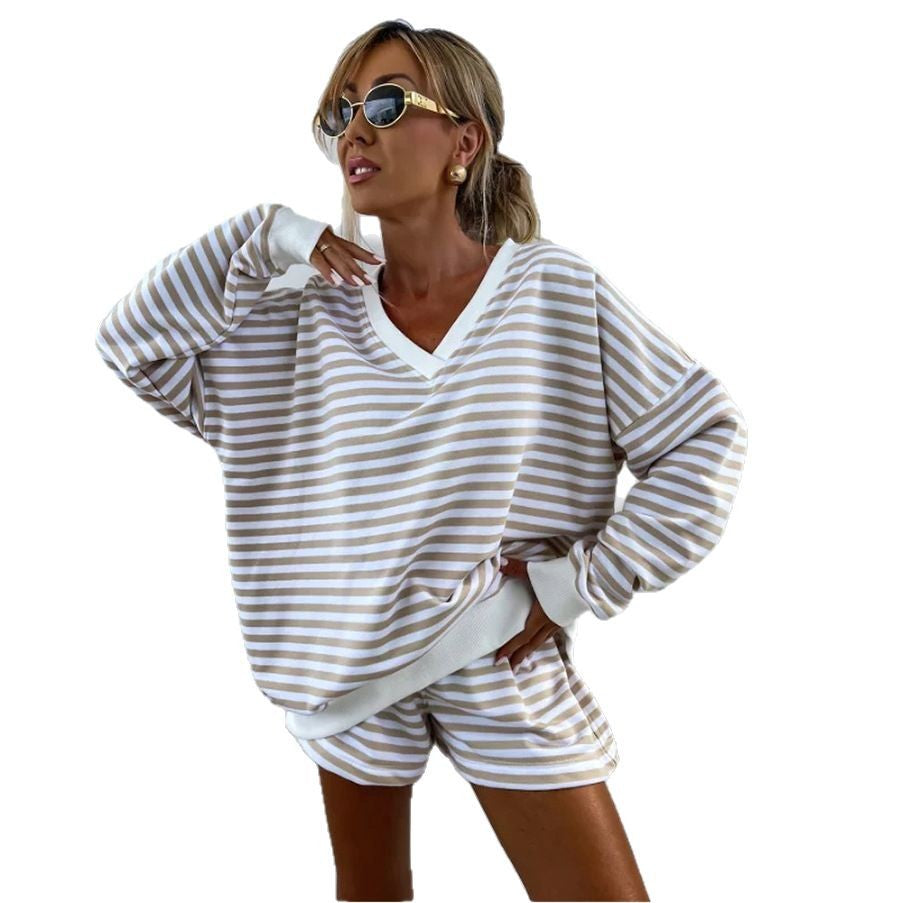 Damen lässiges Streifen-Loungewear-Set mit weit geschnittenem Oberteil und Shorts Drune