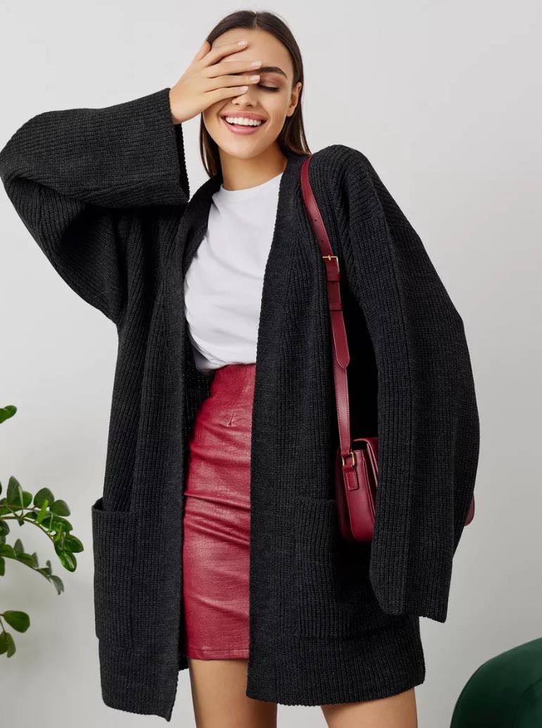 Damen kuscheliger langer Strickcardigan mit weiten Ärmeln und praktischen Taschen Drune
