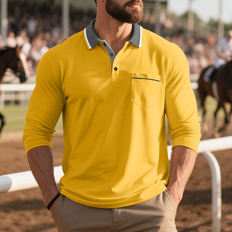 Herren nan langärmeliges Polohemd mit Kontrastkragen, Brusttasche und feinem Baumwollstretch Drune