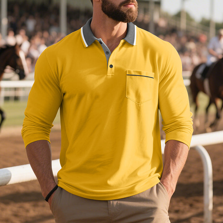 Herren nan langärmeliges Polohemd mit Kontrastkragen, Brusttasche und feinem Baumwollstretch Drune