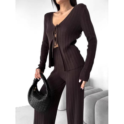 Damen Strickset mit V-Ausschnitt und Kordelzug Drune