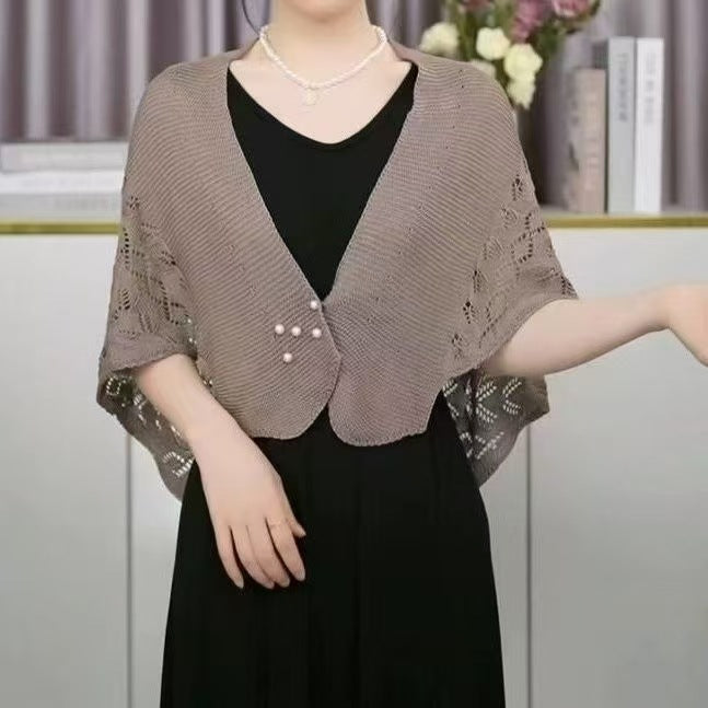 Damen elegante Strickjacke mit Spitzenmuster und Perlenknöpfen Drune