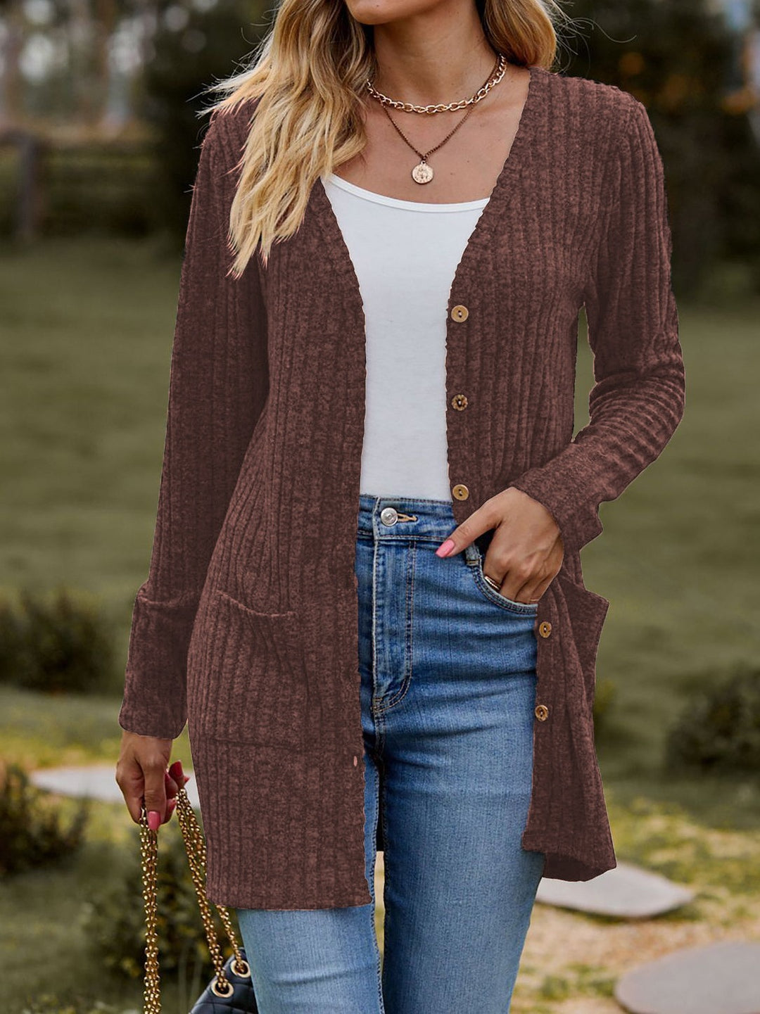 Damen nan langer gerippter Strickcardigan mit Eingrifftaschen und Holzknöpfen Drune