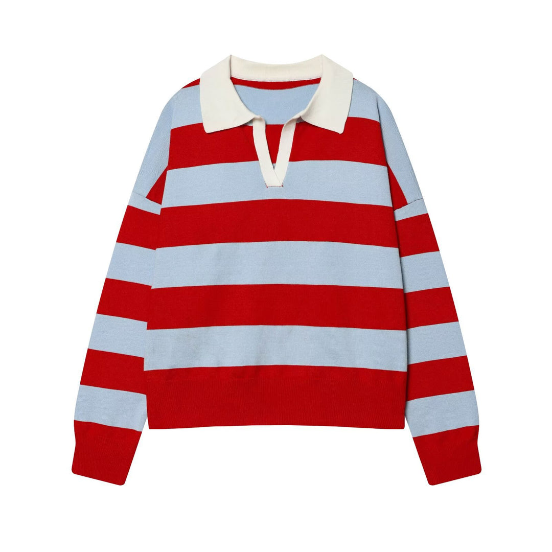 Damen Gestreifter Rugby-Polo-Pullover mit V-Notch und Cropped-Saum Drune
