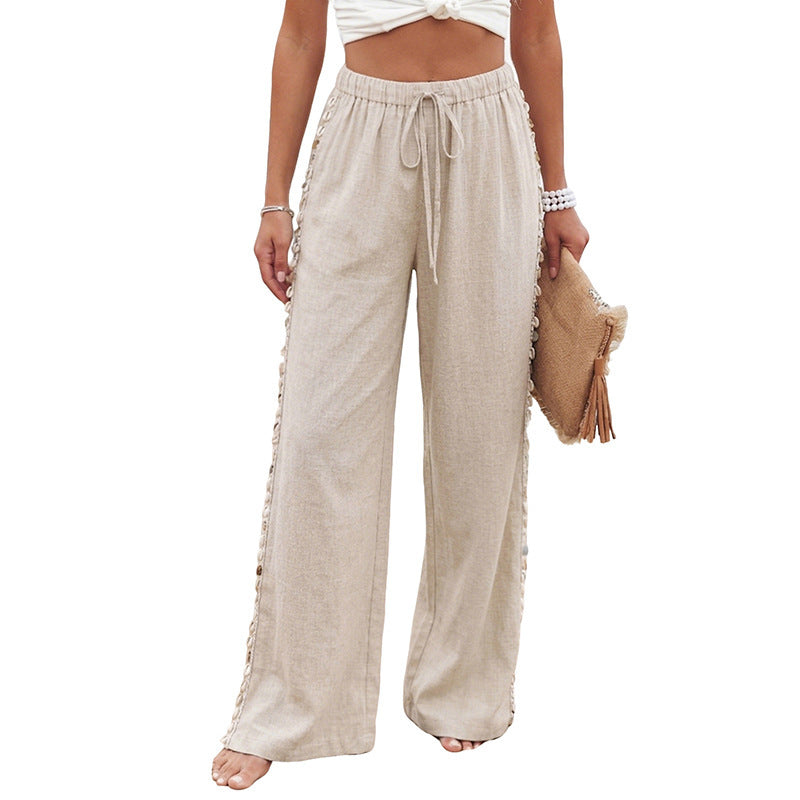 Damen Leichte Leinenhose mit weitem Bein, Kordelzug und geflochtenem Seitendetail Drune
