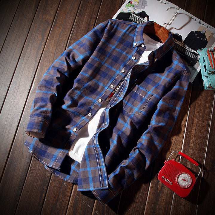 Herren nan lässiges kariertes Baumwoll-Flanellhemd mit Button-Down-Kragen, Brusttasche und abgerundetem Saum Drune