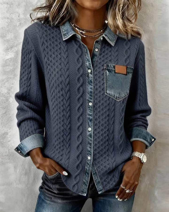 Damen nan geflochtener Strickpullover mit integriertem Jeanskragen und Brusttasche Drune