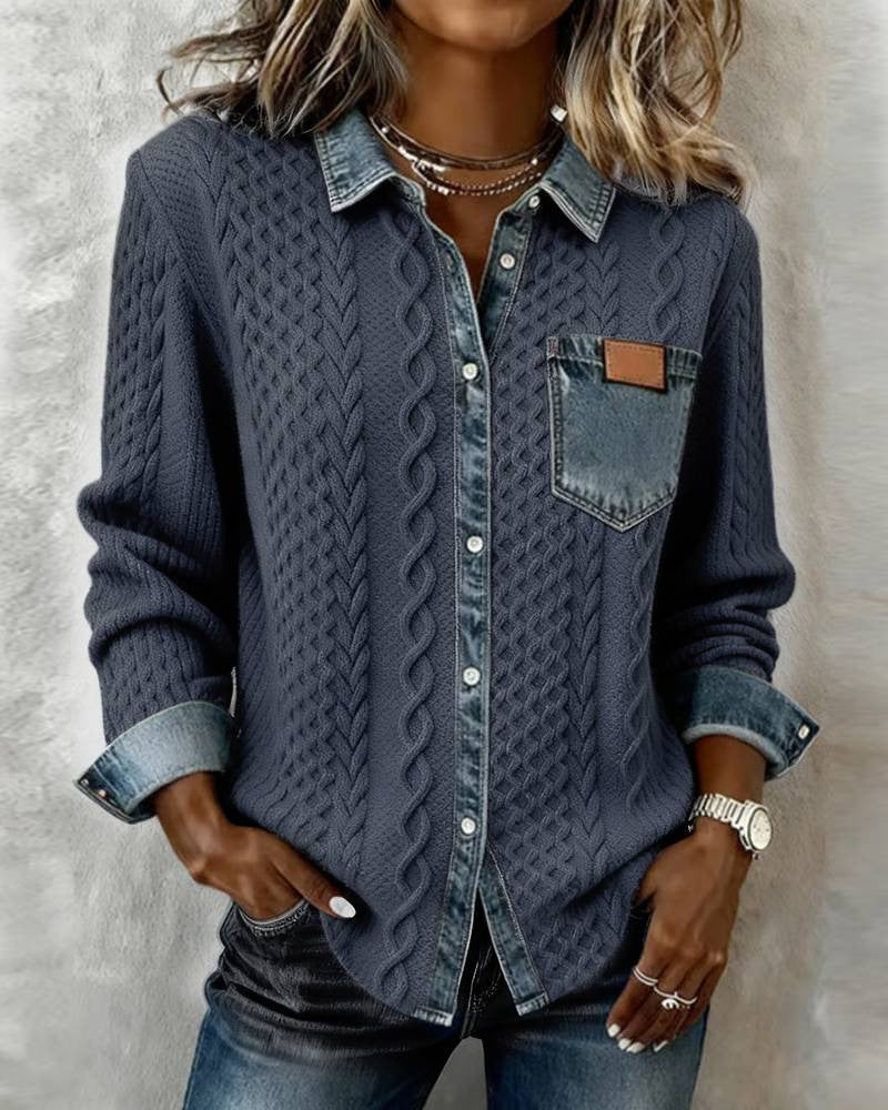 Damen Strickjacke mit Denim-Look-Kragen, dekorativer Knopfleiste und Brusttasche Drune