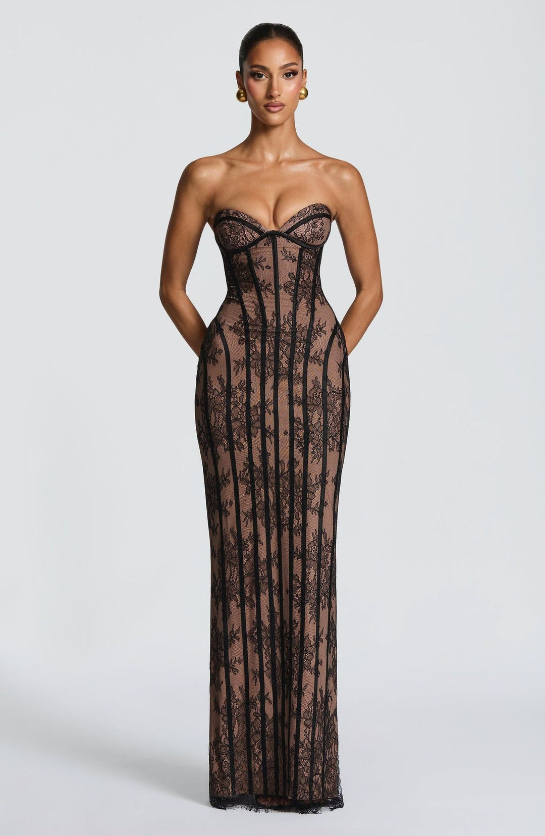 Damen figurbetontes Spitzenkleid mit Bustier-Oberteil und eleganten Details Drune