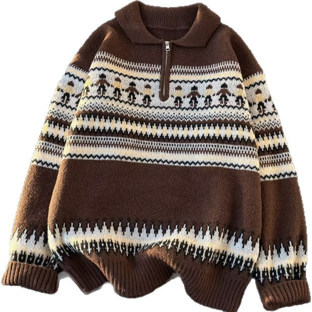 Damen Jacquard-Halbzip-Pullover mit Polokragen und Norweger‑Intarsie Drune