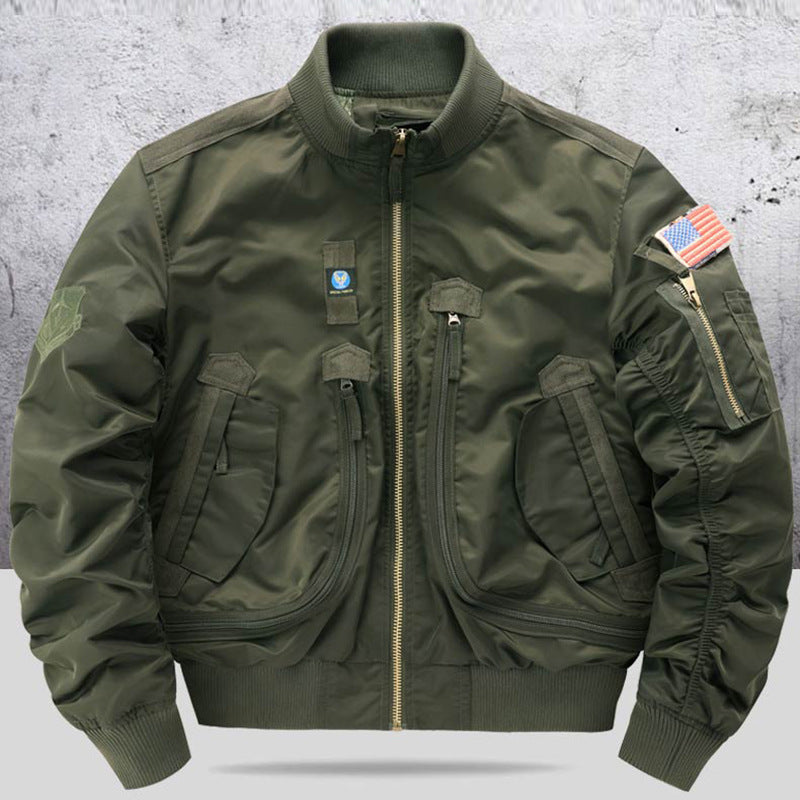 Men's  pilot-style cropped utility flight bomber with multi-zip pockets and ribbed collar Drune