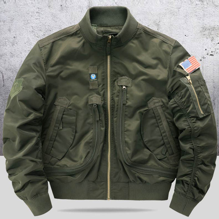 Men's  pilot-style cropped utility flight bomber with multi-zip pockets and ribbed collar Drune