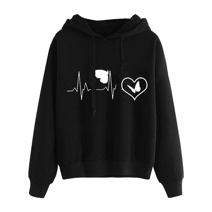 Damen nan leichter Oversize Kapuzenpullover mit Herz‑EKG‑Motiv, langen Kordeln und elastischem Bund Drune