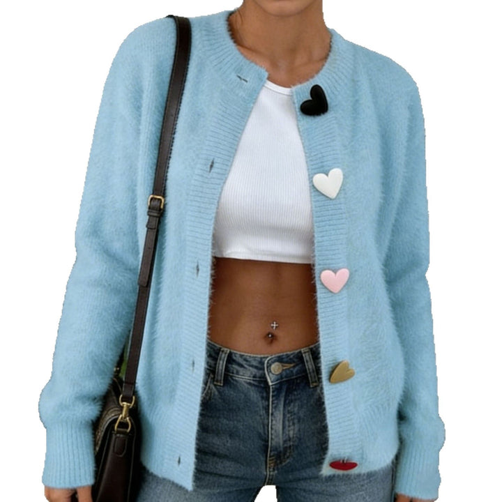 Damen Kurzgeschnittener Flauschcardigan mit dekorativen Herzknöpfen Drune