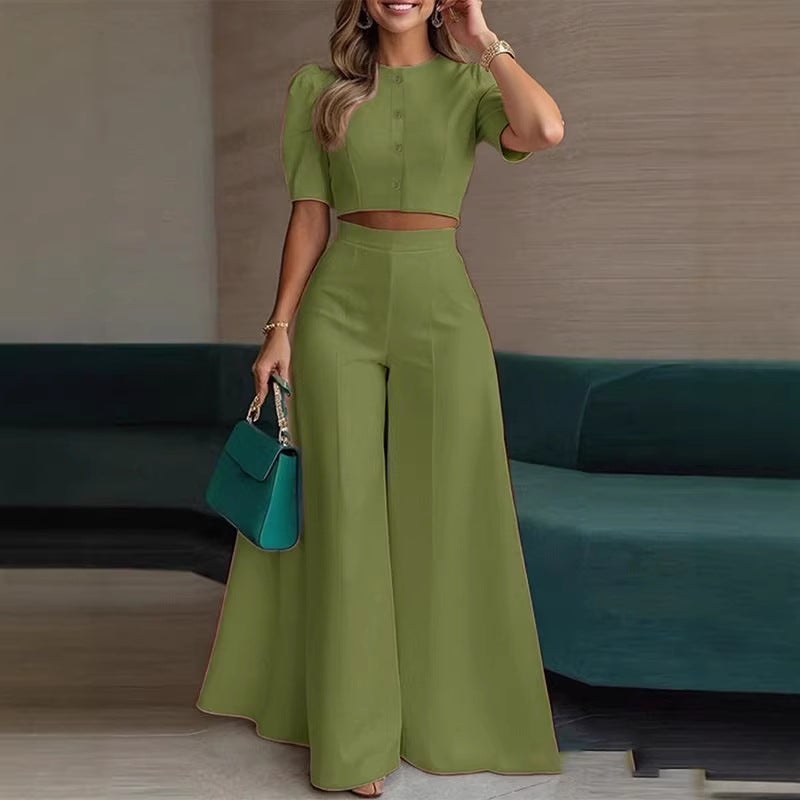 Damen elegantes kurzes Oberteil mit Puffärmeln und hochgeschnittenen Palazzo-Hosen Drune