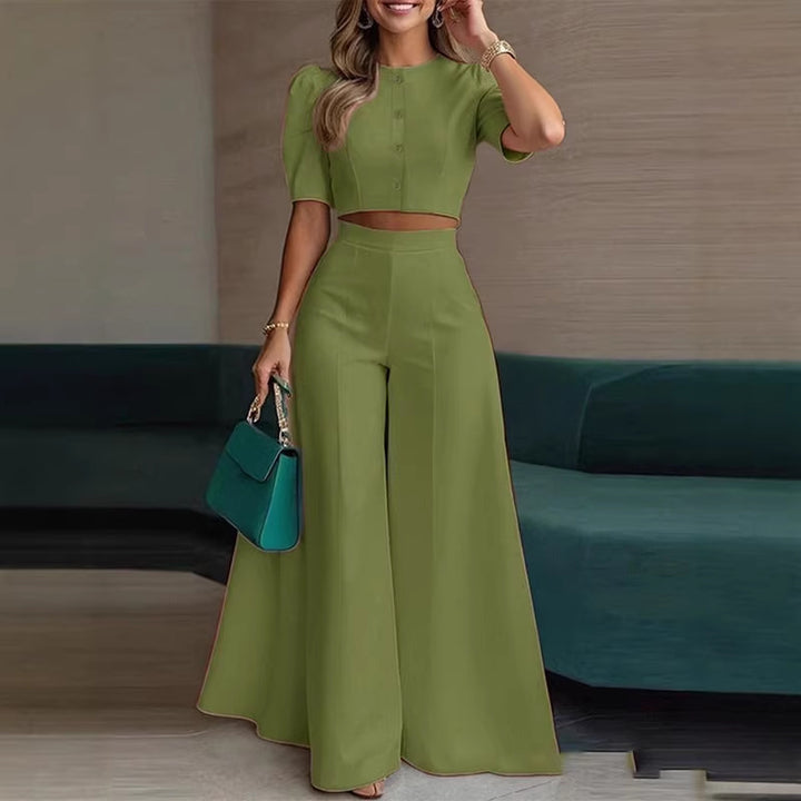 Damen elegantes kurzes Oberteil mit Puffärmeln und hochgeschnittenen Palazzo-Hosen Drune