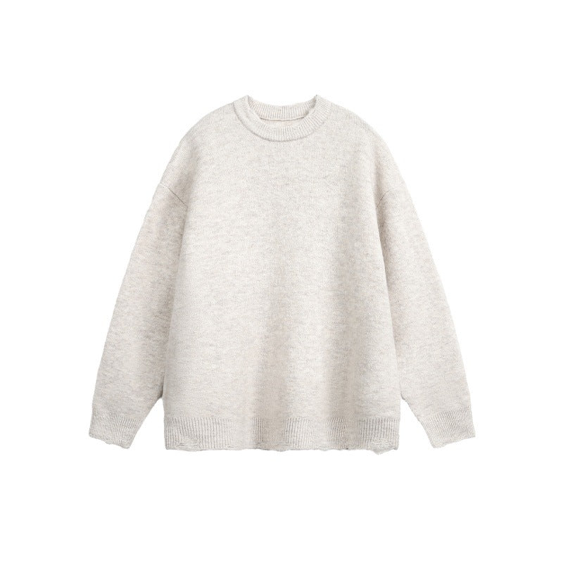Unisex Oversize Grobstrickpullover mit Rundhalsausschnitt und ausgefranstem Saum Drune