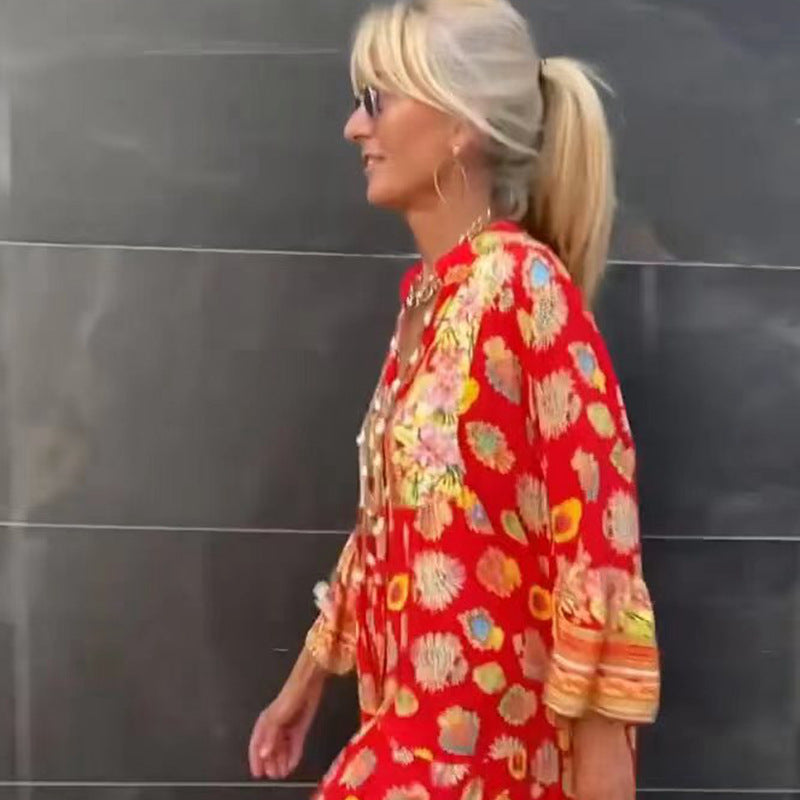 Damen nan luftiges Kaftan‑Midikleid mit folkloreinspiriertem Bordürenprint, V‑Ausschnitt, Quastenbändern und Volantglockenärmeln Drune