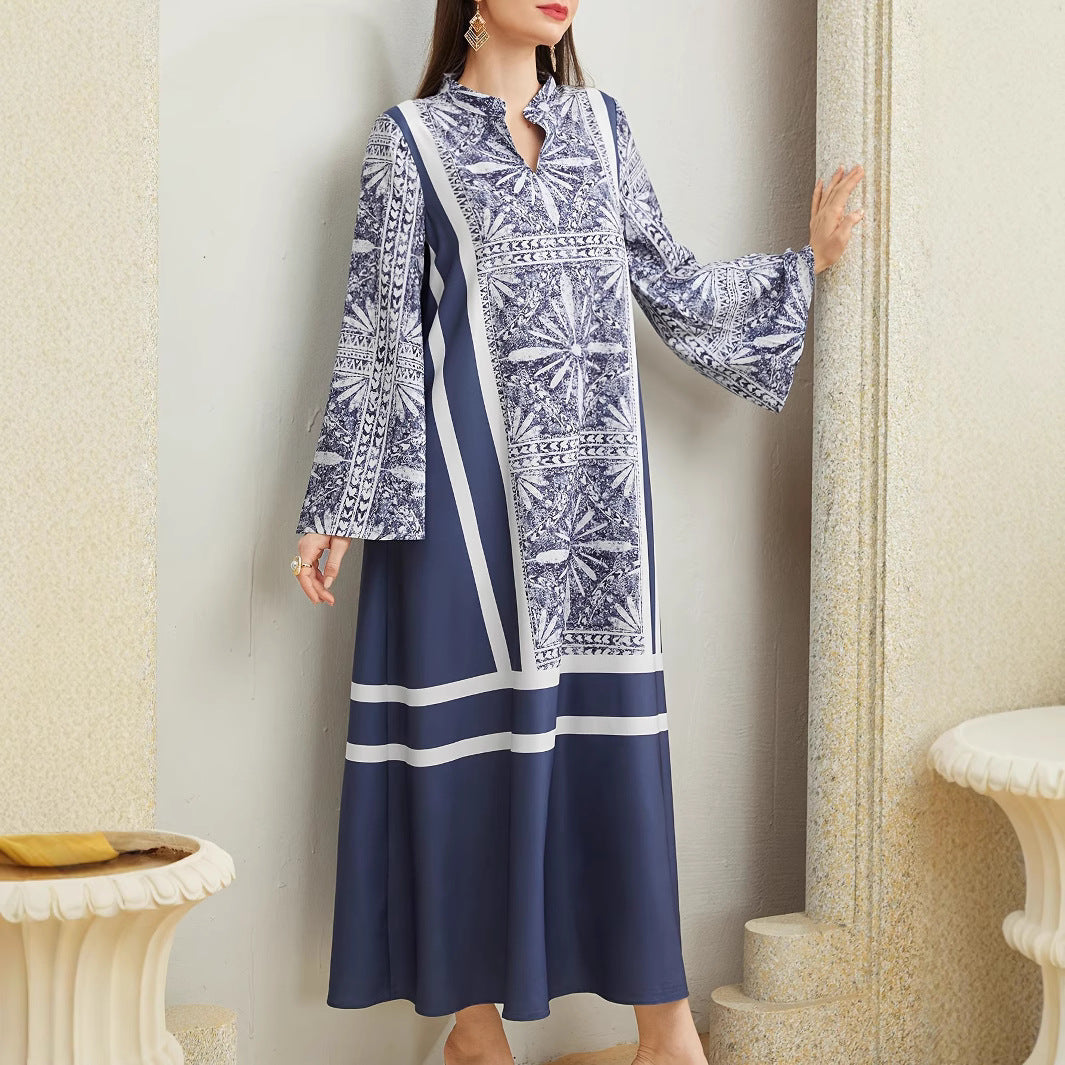 Damen Maxikleid mit elegantem Stehkragen und ausgestellten Ärmeln Drune