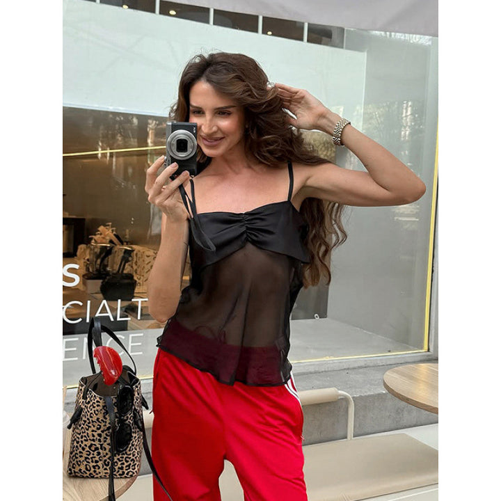 Damen Sexy Trägertop mit transparentem Stoff und raffiniertem Falten-Design Drune