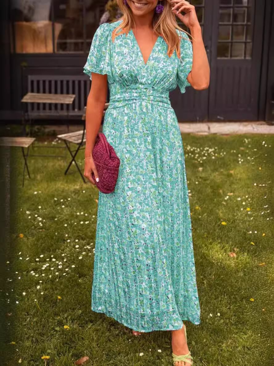 Damen Maxikleid mit elegantem V-Ausschnitt und verspieltem Puffärmel Drune