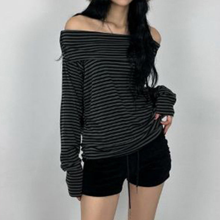 Damen nan schulterfreies Langarmshirt mit Carmen-Ausschnitt, taillierter Passform und feinem Streifenmuster Drune