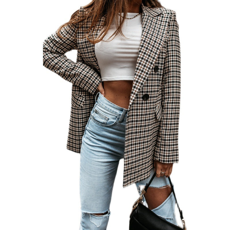 Damen Karierter Oversized Blazer mit doppelt geknöpftem Design Drune