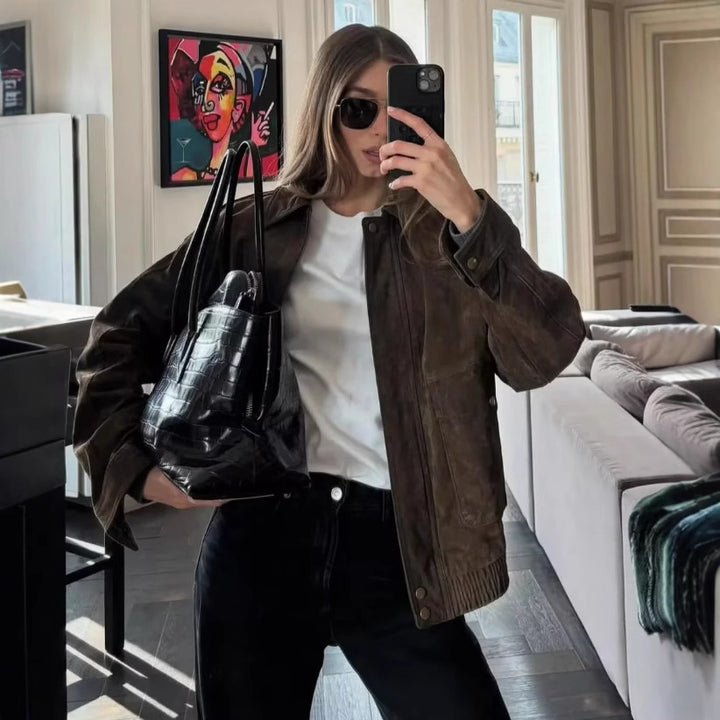 Damen 500+ lässige Velours‑Blousonjacke mit Pattentaschen und elastischem Saum Drune