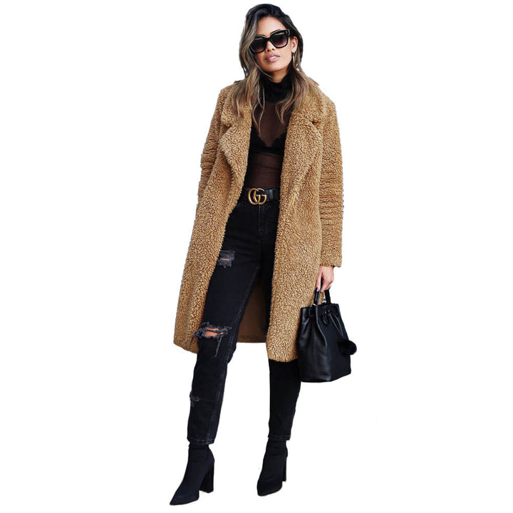 Damen kuscheliger Teddy-Mantel mit elegantem Revers und praktischen Taschen Drune