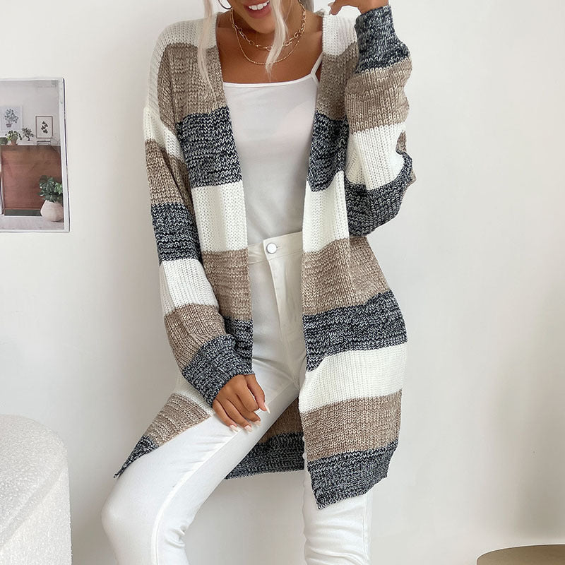 Damen Lässiger Strickmantel mit Streifen Drune