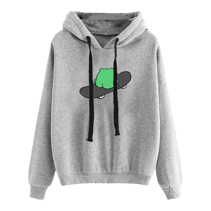 Damen nan kurz geschnittener Cropped-Kapuzenpullover mit niedlicher Frosch-Illustration und verstellbarer Kapuze Drune