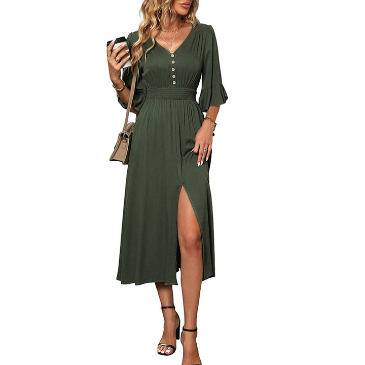 Damen Maxikleid mit V-Ausschnitt, seitlichem Schlitz und eleganten Knopfdetails Drune