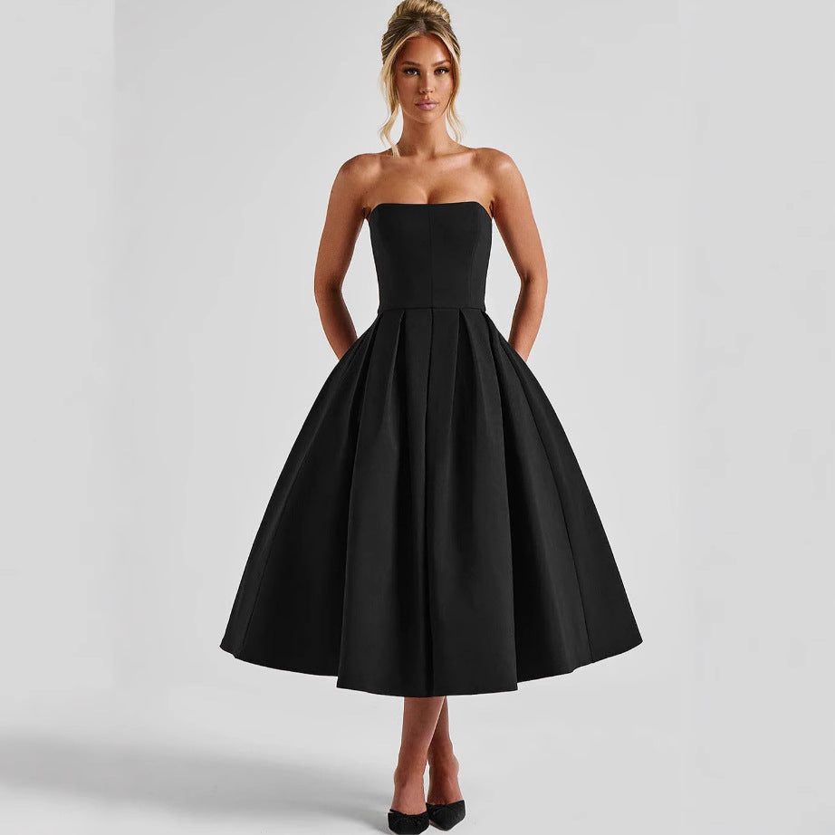 Damen A-Linien Abendkleid mit tiefem Wasserfallausschnitt und elegantem Plissee Drune